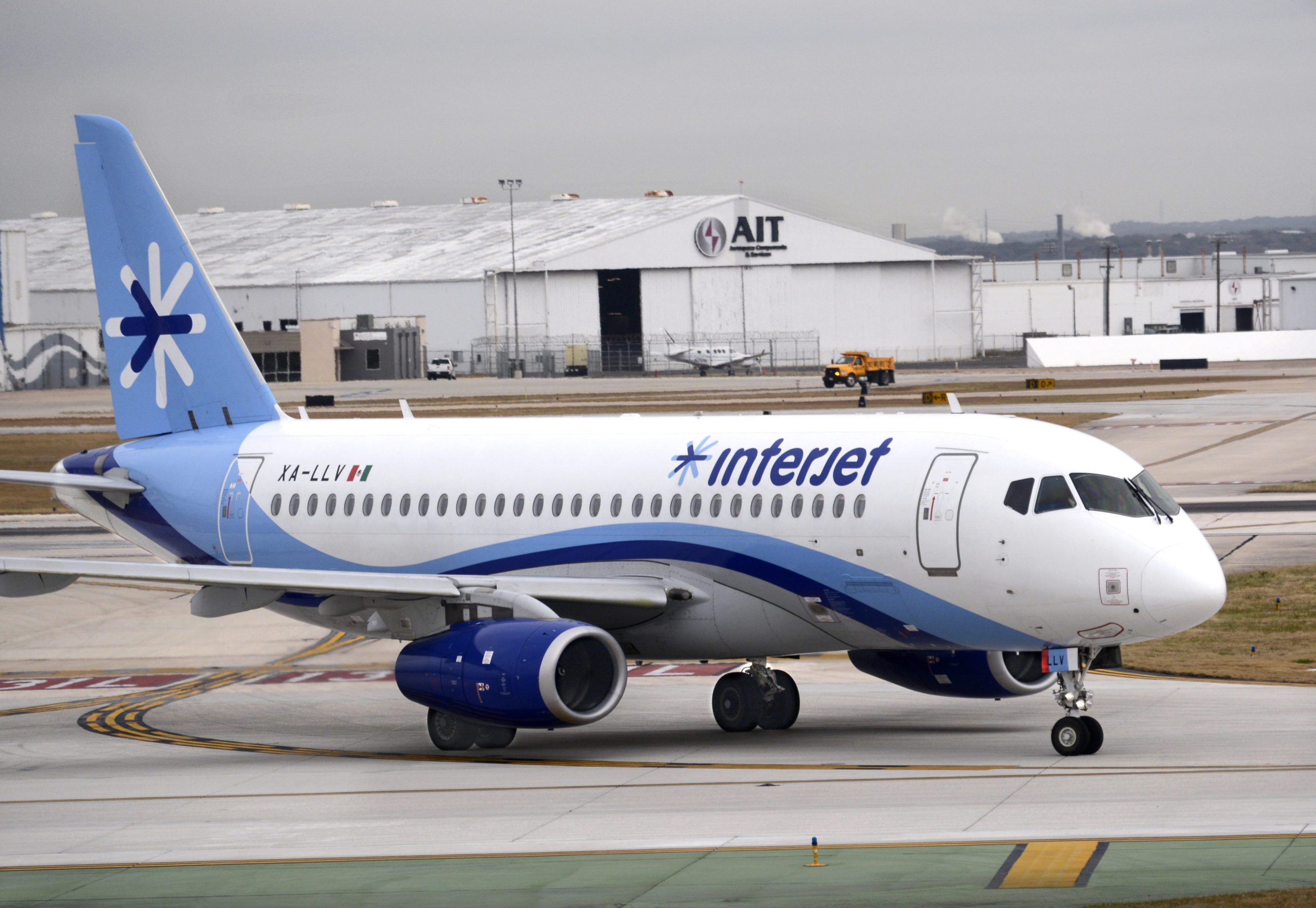 SAN ANTONIO, TEXAS - DECEMBER 12, 2018: An Interjet Airlines Sukhoi Superjet passenger jet taxis after landing at San Antonio International Airport in Texas. Interjet is a Mexican airline headquartered in Mexico City. (Photo by Robert Alexander/Getty Images)