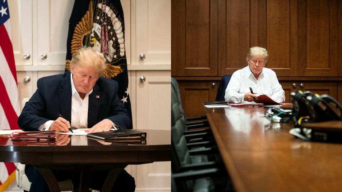 Fotos de Donald Trump ‘trabajando’ lo muestran escribiendo su nombre