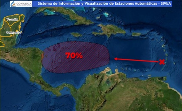 Aumenta a 70% probabilidad de desarrollo ciclónico en el Caribe