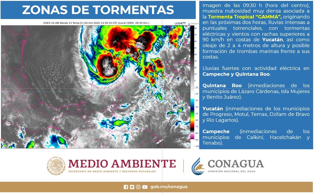 Lluvias muy fuertes en Yucatán, Tabasco, Campeche, Quintana Roo y Chiapas por tormenta tropical Gamma