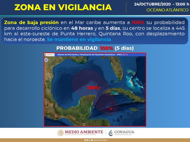 Baja presión en el Mar Caribe aumenta al 100% las probabilidades de desarrollo ciclónico: Conagua