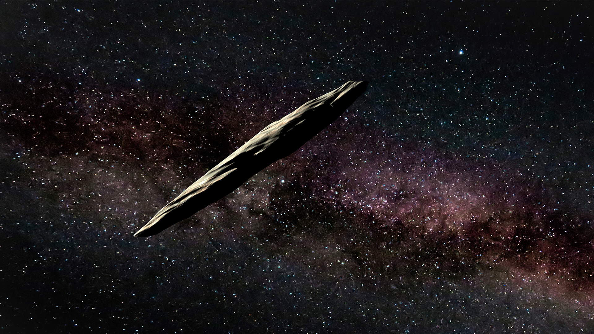 Image captured from above video clip shows artist’s interpretation of ‘Oumuamua as it approaches our Solar System. The object rotates approximately once every 7.4 hours based on the data used in this research. Credit: Gemini Observatory/AURA/NSF image by Joy Pollard