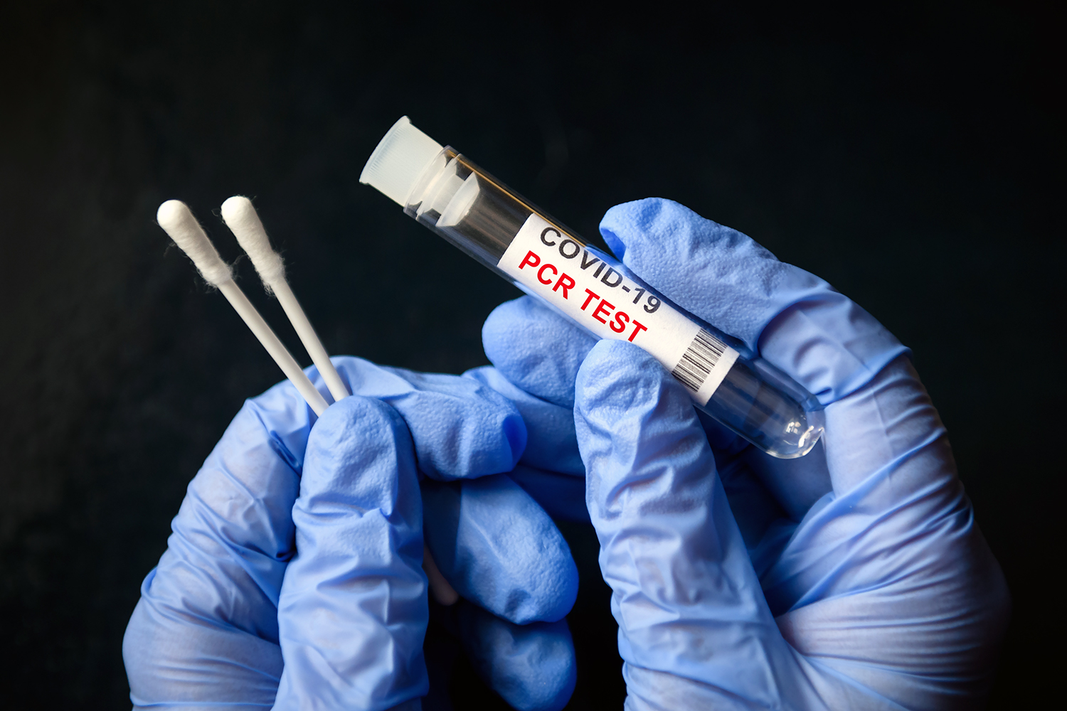 COVID-19 swab collection kit in doctor hands, nurse holds tube of coronavirus PCR test on black background. Concept of corona virus diagnostics, medical testing and cure during coronavirus pandemic.