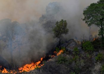 MEX0000, TEPOZTLÁN (MÉXICO), 14/04/2021.- Vista de un incendio forestal, el 13 de abril de 2021, en el poblado de Tepoztlán, en el estado de Morelos (México). El incendio en el parque nacional El Tepozteco, en el estado de Morelos, vecino del la Ciudad de México, se ubica entre los 73 incendios forestales activos ubicados en 21 estados del país, informó este miércoles la Comisión Nacional Forestal (Conafor) del Gobierno mexicano. EFE/Tony Rivera