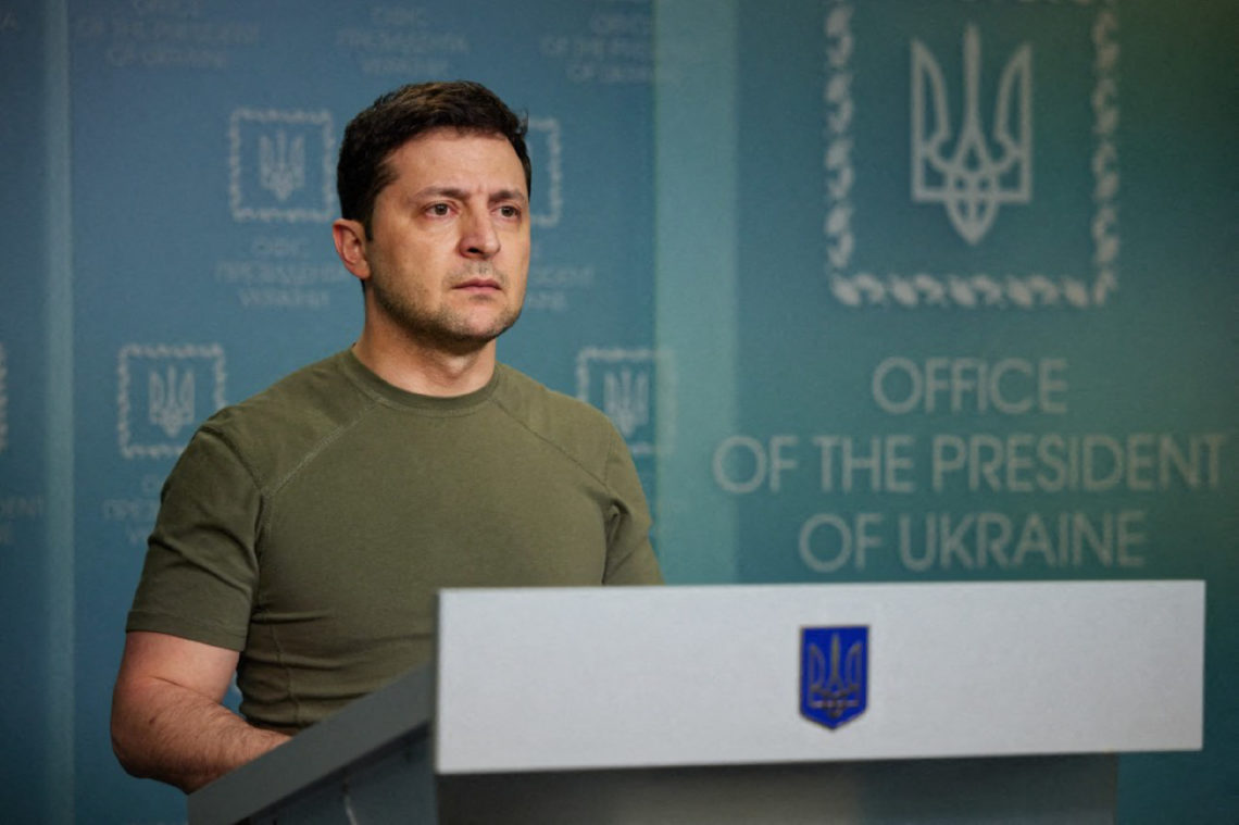 Ukranian President Volodymyr Zelensky during his adress to the first day of Russia 's attacks in Kyiv, Ukraine on february 25, 2022.