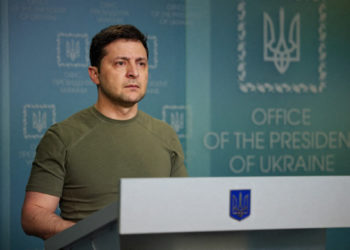 Ukranian President Volodymyr Zelensky during his adress to the first day of Russia 's attacks in Kyiv, Ukraine on february 25, 2022.