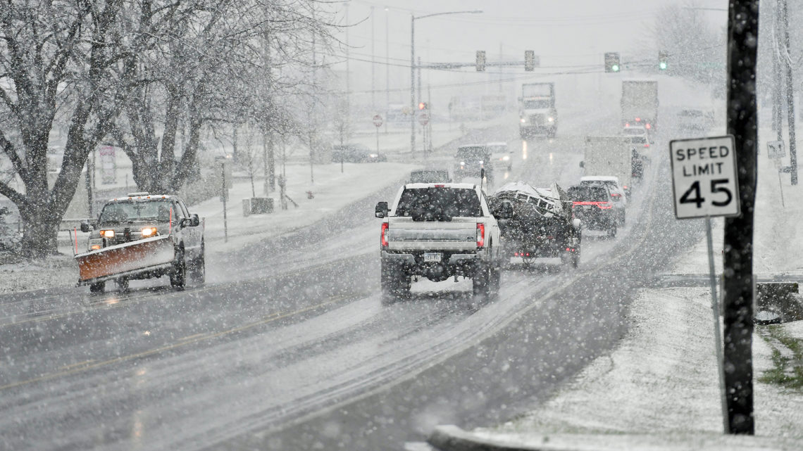 Caernarvon twp., PA - December 14: Traffic on route 23 / Main Street near the intersection with Twin Valley Road in Caernarvon Township Monday afternoon December 14, 2020 during a snow storm. (Photo by Ben Hasty/MediaNews Group/Reading Eagle via Getty Images)