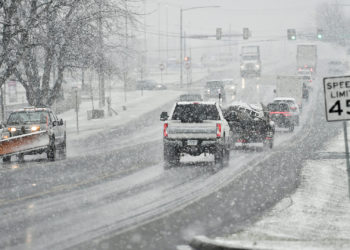 Caernarvon twp., PA - December 14: Traffic on route 23 / Main Street near the intersection with Twin Valley Road in Caernarvon Township Monday afternoon December 14, 2020 during a snow storm. (Photo by Ben Hasty/MediaNews Group/Reading Eagle via Getty Images)