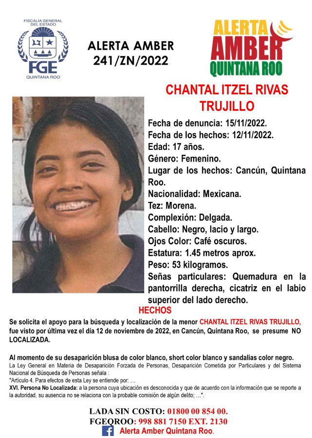 FGE emite ficha de búsqueda de la menor Chantal Itzel Rivas extraviada en Cancún