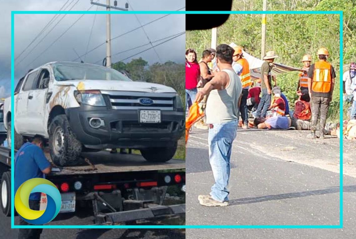 Vuelca camioneta que transportaba trabajadores del Tren Maya en Puerto Aventuras; hay 10 lesionados